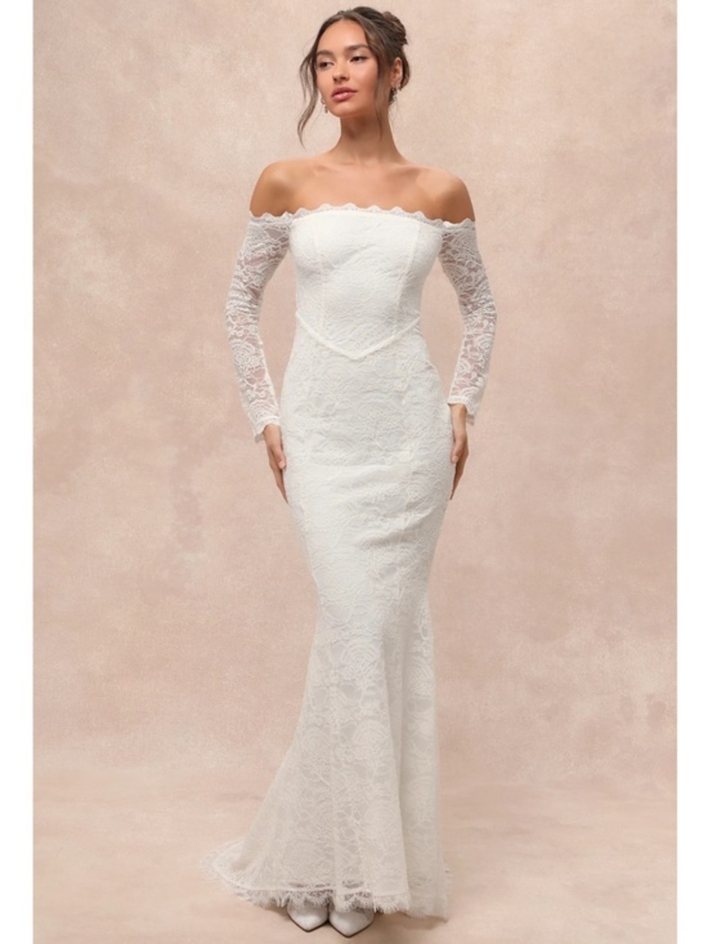 NWT Lulu’s Beloved Promise Lace Off-the-Shoulder Mermaid Wedding Dress Medium